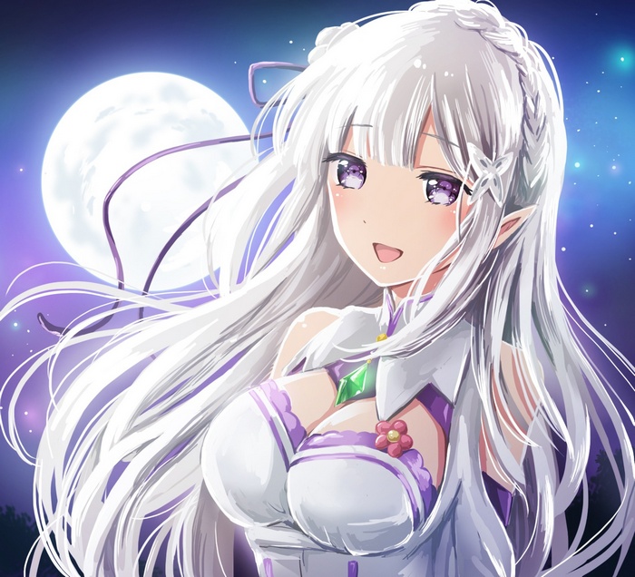 Emilia from Re:Zero with a Moon Background