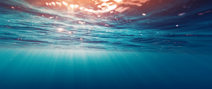 Underwater view of sunlight filtering through ocean waves