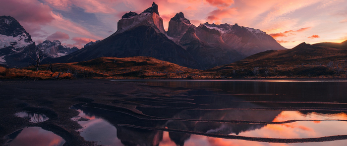 Torres del Paine National Park landscape at sunset