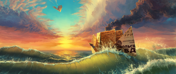 Paper boat sailing on stormy seas at sunset