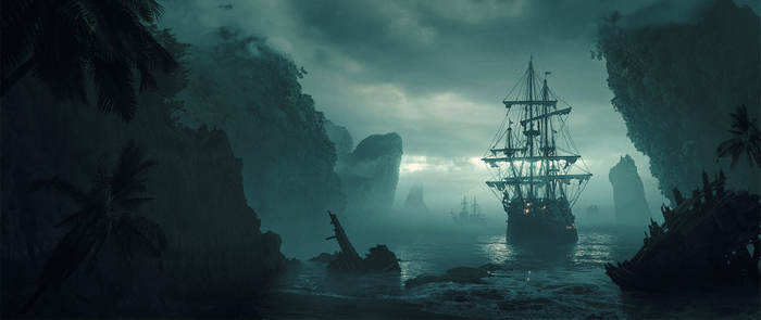 Sailing ship navigating through a misty bay with rocky islands