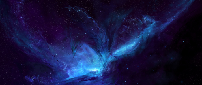 Vast cosmic nebula with vibrant blue and purple hues