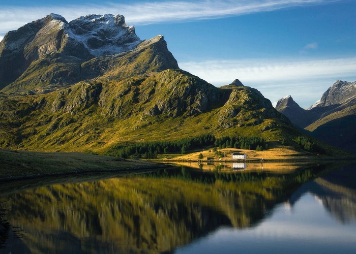 Mountain landscape with a lake and a house