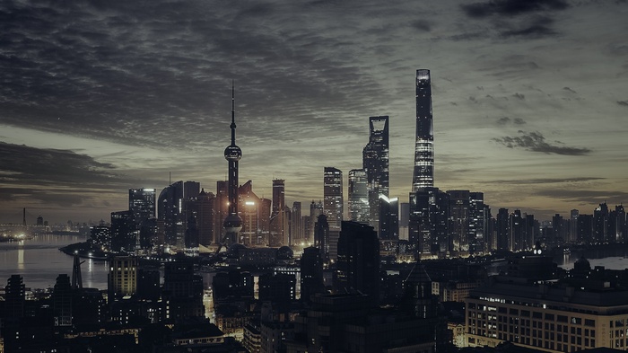 Shanghai cityscape at dusk with Oriental Pearl Tower