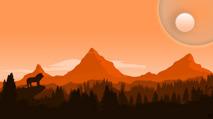 Lion on a cliff overlooking mountains and trees