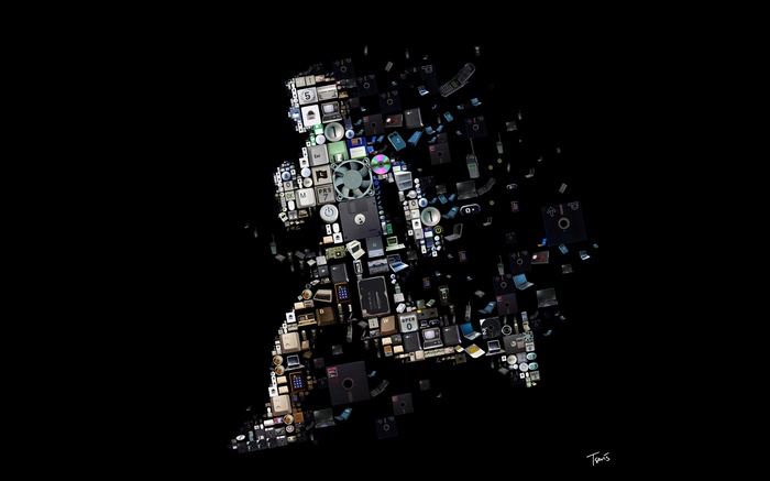 monitor, phone, running, digital art, imagination, black background, technology, letter, keyboards, simple, men, numbers, compact disc, motherboards, fans, computer, floppy disk, laptop