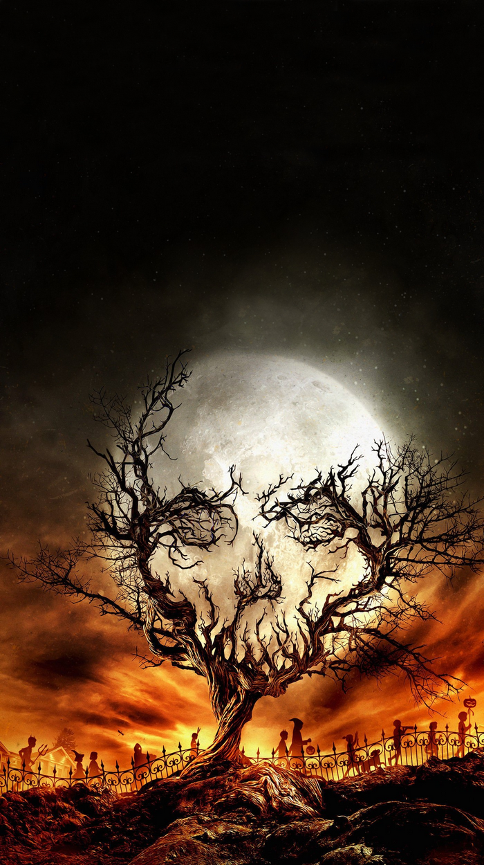 portrait display, roots, spooky, silhouette, Moon, night, stars, digital art, imagination, branch, optical illusion, sky, nature, skull, fence, trees, Halloween