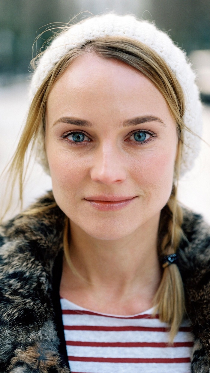 looking at viewer, braids, depth of field, smiling, blue eyes, face, women, long hair, portrait display, hat, striped clothing, portrait, Diane Kruger, actress, blonde