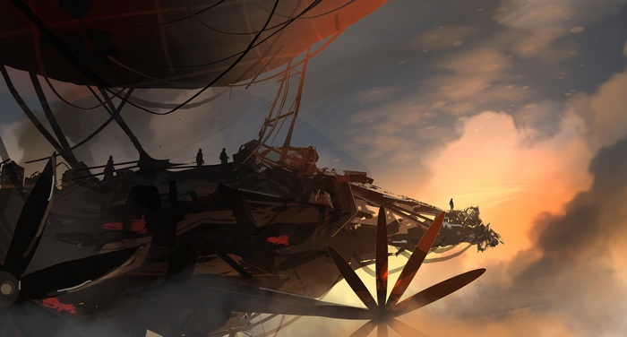 Steampunk airship in a cloudy sky at sunset