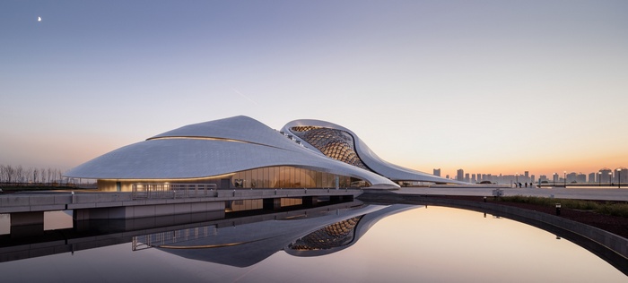 Harbin Opera House at sunset with reflections