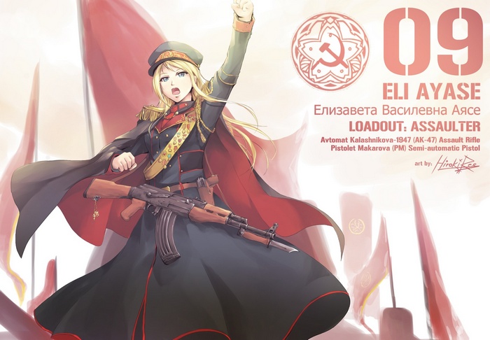 Bolsheviks, anime girls, Love Live!, anime, uniform, AK-47, long hair, gun, blonde, Ayase Eli