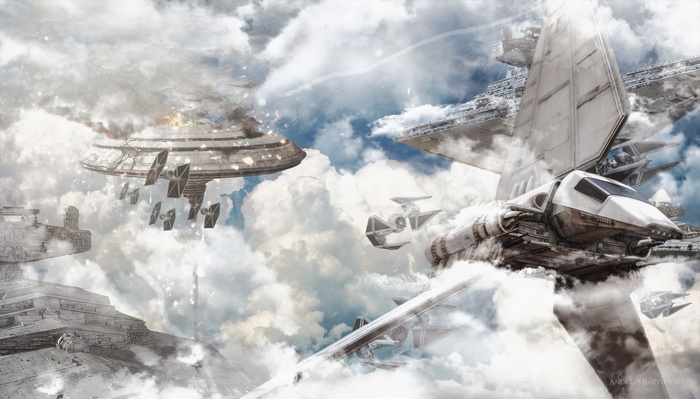 Star Wars battle with Imperial Star Destroyers and TIE fighters