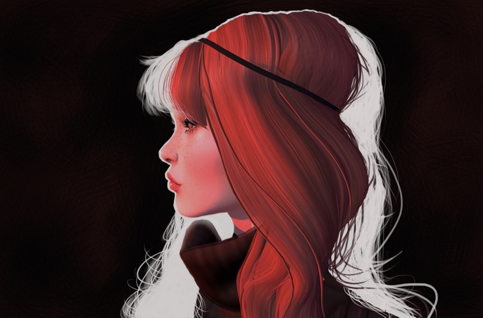 Artwork of a woman with red and white hair
