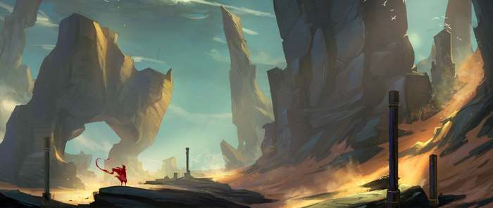 A lone figure in red walks through a rocky desert landscape