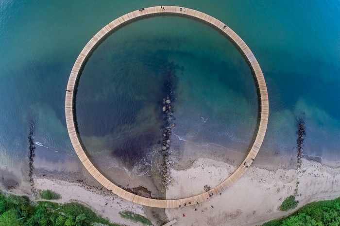 Aerial view of a circular pier in Denmark