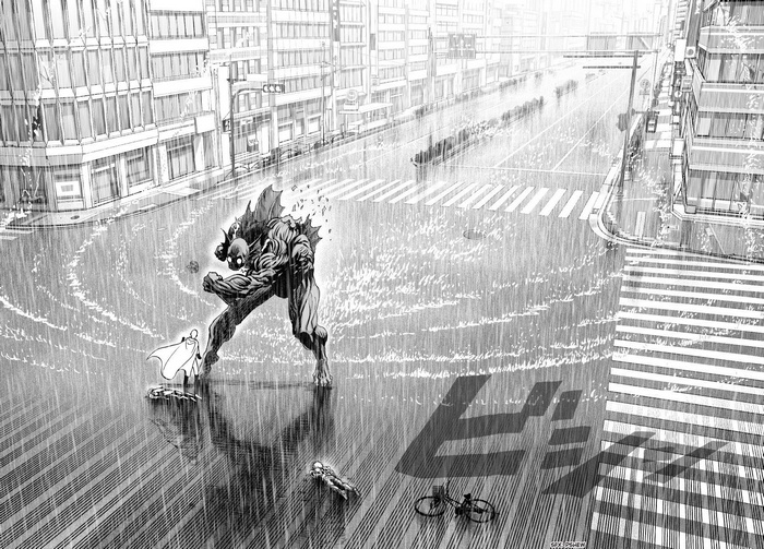 Saitama and Monster in a Rainy City Street