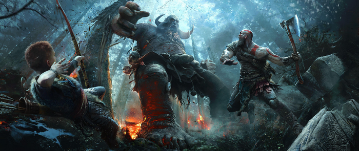 God of War: Kratos and Atreus fight a giant