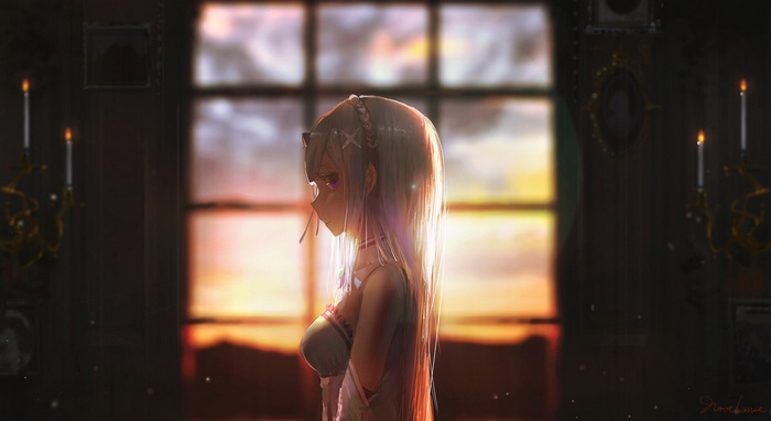 Emilia from Re:Zero by a window at sunset