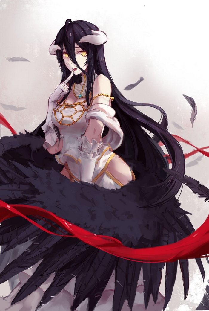 Albedo with black wings and red ribbon