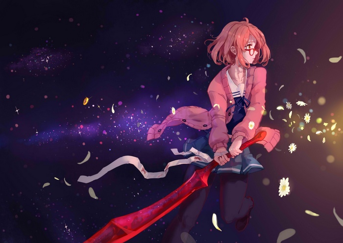 sword, glasses, anime, anime girls, skirt, Kuriyama Mirai, short hair, redhead, Kyoukai no Kanata, weapon