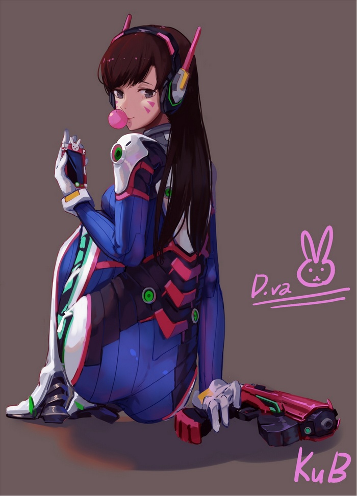 D.Va from Overwatch sitting with a gun and bubblegum