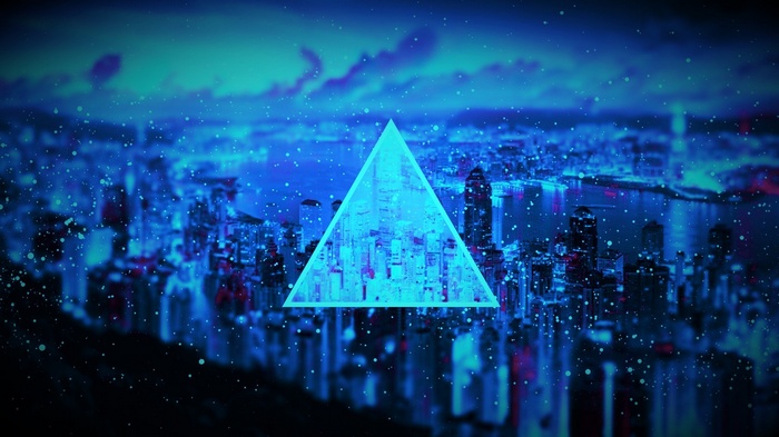 Blue Triangle Over a Neon Cityscape with Particles