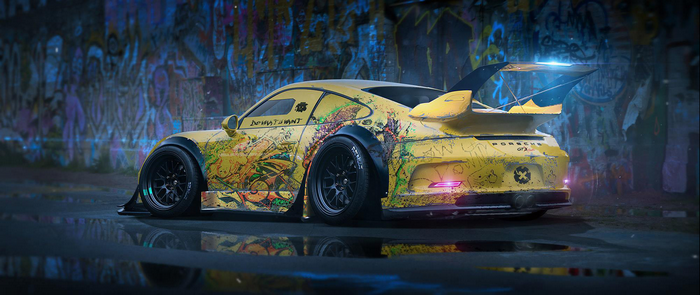 Yellow Porsche GT2 RS with graffiti artwork