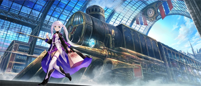 Anime girl at a train station with a steam locomotive