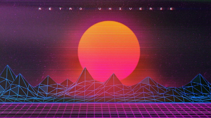 Retro Universe Neon Grid Mountains Sunset