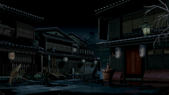 Pixel art of a Japanese street at night