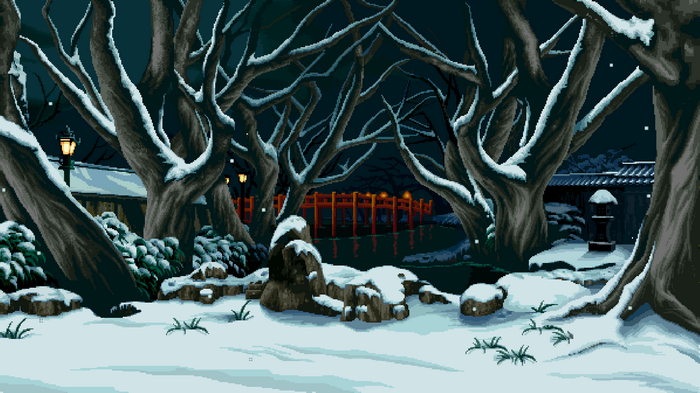 Pixel art winter landscape with snow-covered trees and a bridge