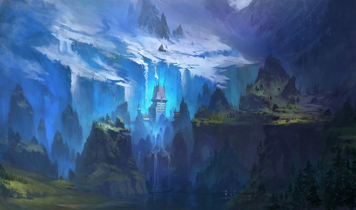 Digital art of a cold, icy fortress in a mountainous forest