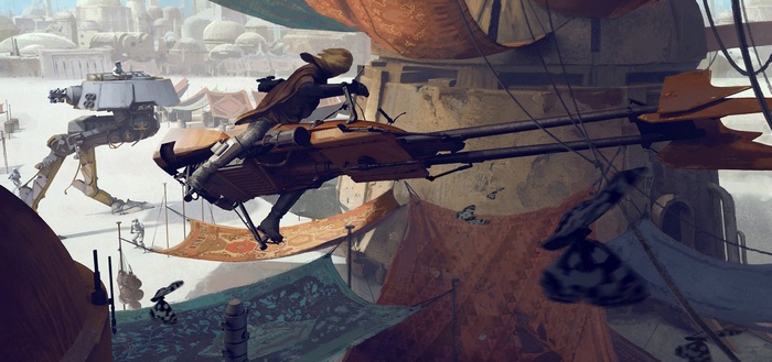 Star Wars artwork featuring a scout trooper on a speeder bike