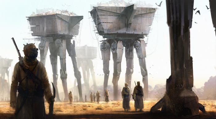 Star Wars Sand People with large walkers in a desert