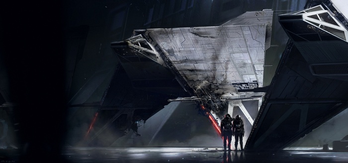 Star Wars artwork of two figures near a damaged spacecraft