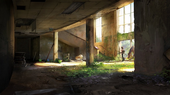 The Last of Us: Overgrown abandoned building with a survivor and horse
