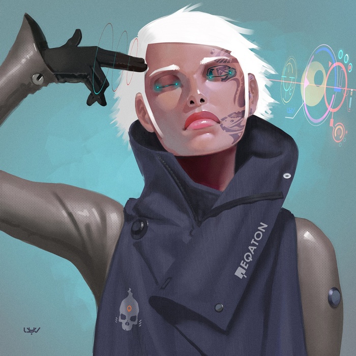 Cyberpunk woman with white hair and cybernetic eye