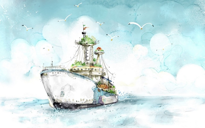 Watercolor painting of a fantasy ship sailing on the sea