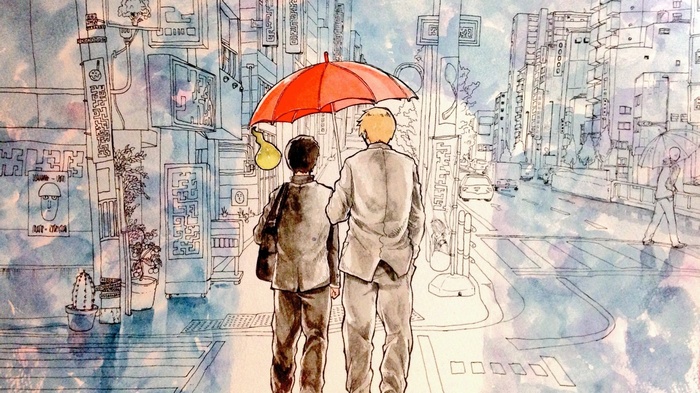 people, umbrella, warm colors, street, Mob Psycho 100, artwork, watercolor, building, painting, Kageyama Shigeo