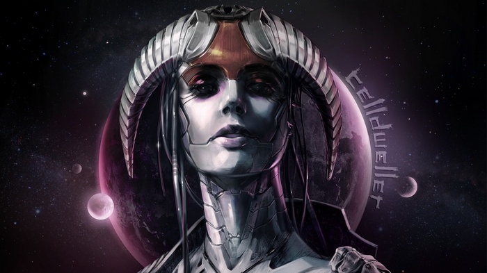 Woman with horns in space with planets