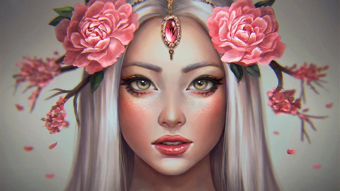 Fantasy girl with pink roses and zodiac pendant