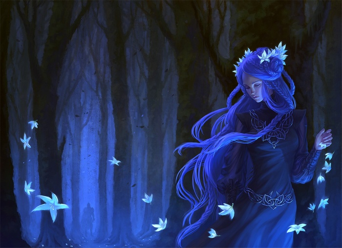 Fantasy art of a woman in a forest with glowing leaves