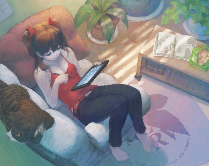 Asuka Langley Soryu using a tablet with a cat