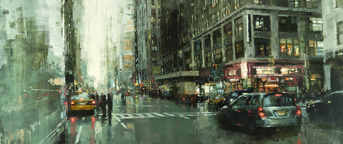 Cityscape painting of a street with cars and buildings