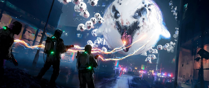 Ghostbusters fight a giant ghost and Boos in a city