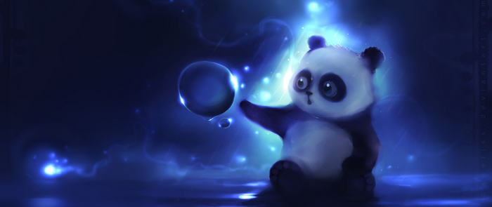 Panda playing with glowing bubbles in dark blue light