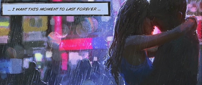 Couple kissing in the rain with city lights