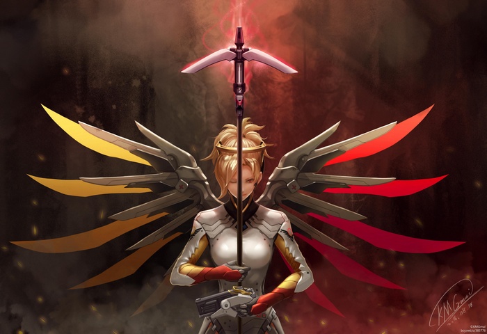 Mercy from Overwatch holding a Caduceus Staff