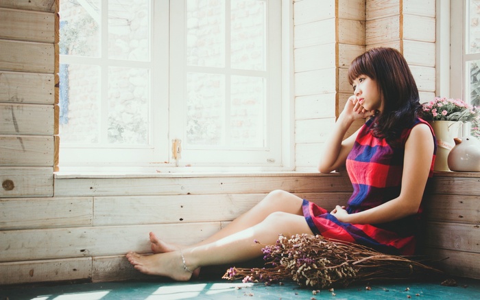 Asian, women, model, window, barefoot