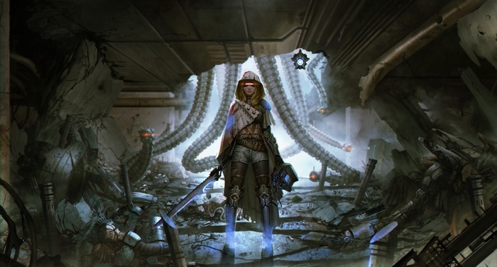 Woman with sword in destroyed sci-fi facility